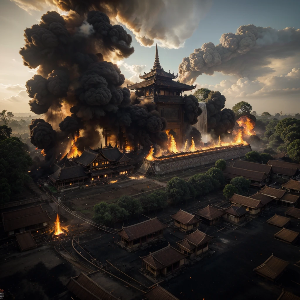 javanese people fighting, running fast, full of anger, colossal, javanese traditional house burned, javanese traditional house destroyed, on fire, burned, destroyed, people running fast, people fighting, epic warfare, warfare, cinematic, forest burning, the temple exploded, high res, ultrasharp, 8K, realistic, masterpiece
