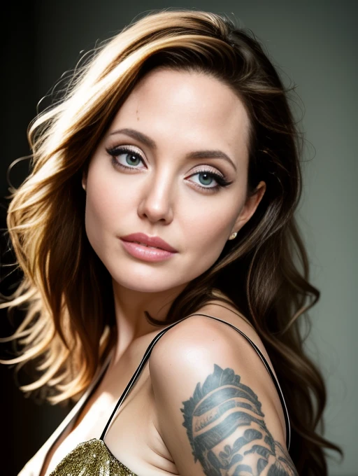 Angelina Jolie, tight black suit, big bust, green eyes