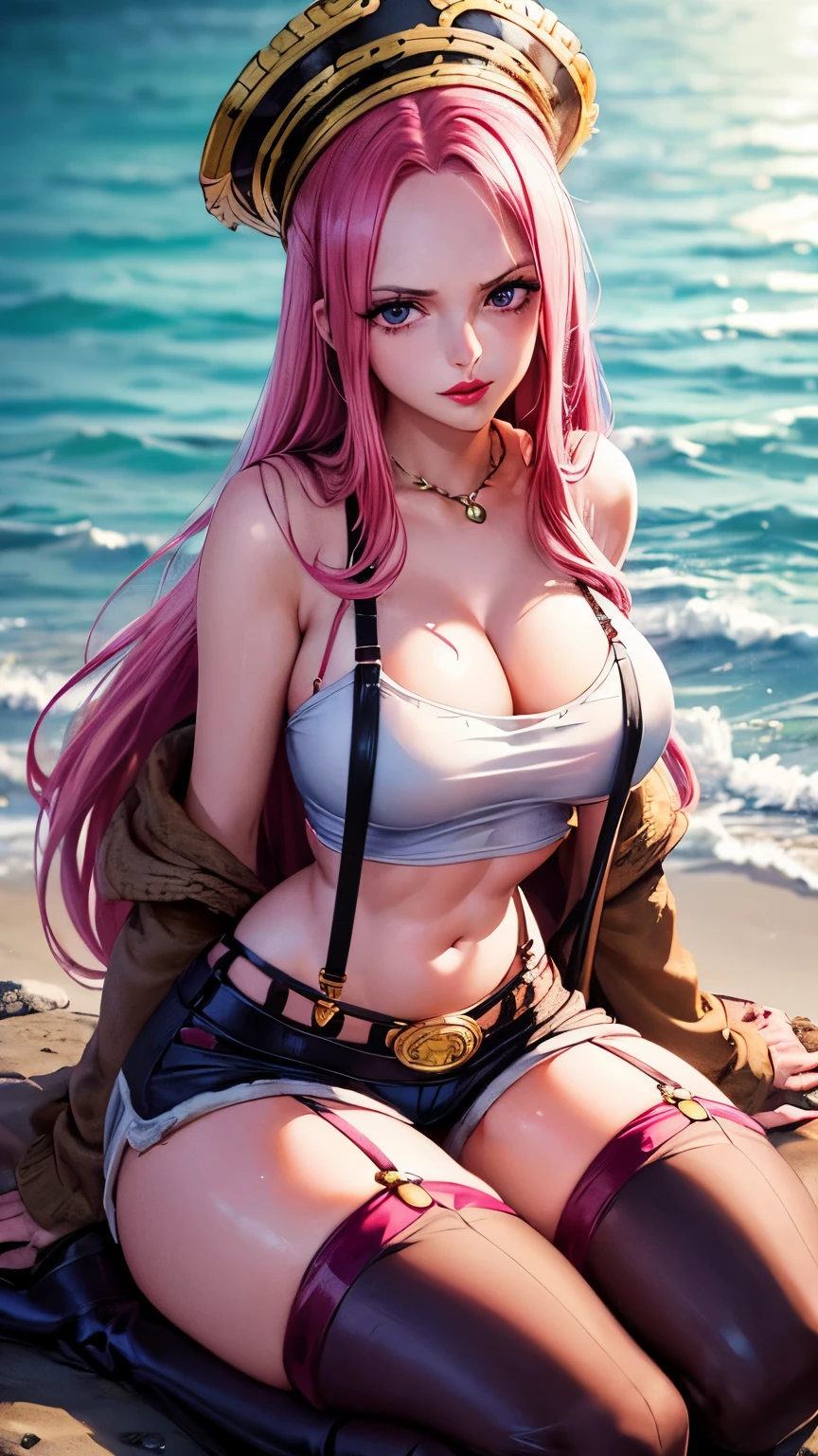 ((top-quality, 8K, masterpiece:1.3)), A detailed eye, (looking at from the front), Look at the camera, ((Everything is sparkling、reflecting light:1.2)), (Best Ratio: 4 fingers, 1 thumb), (portrait), (((Jewelry Bonney from One Piece))), JewelryBonneyV2, 1girl, solo, cute asian face, long hair, pink hair, hat, ((slim girl, large breasts, hyperdetailed lips)), red lips, (thighhighs, shorts, suspenders, boots, purple eyes), navel, midriff, crop top, belt, suspender shorts, complex detailed background, barren land, rocks, ocean, nature environment, sitting, seiza