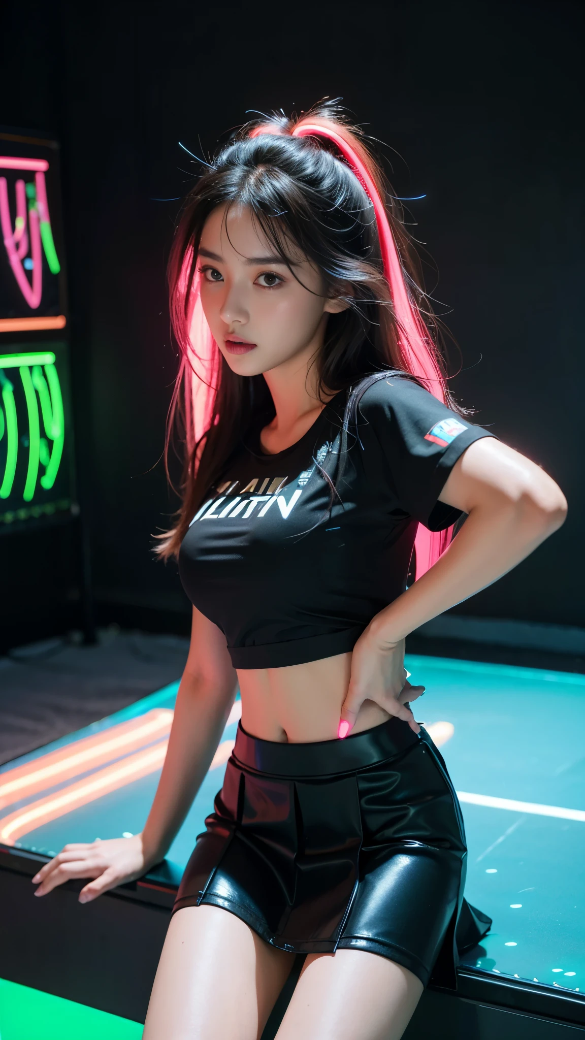 8K, ultra HD, masterpiece, 1 girl, good face, loong hair, detailed eyes, detailed lips, (perfect beautiful Curved figure), (plated sports t-shirt:1.5), (black color:1.5), (plated spreading skirt:1.5), computer graphics room, (neon lights:1.5), LED screen, ground reflection, RTX4090, sitting,