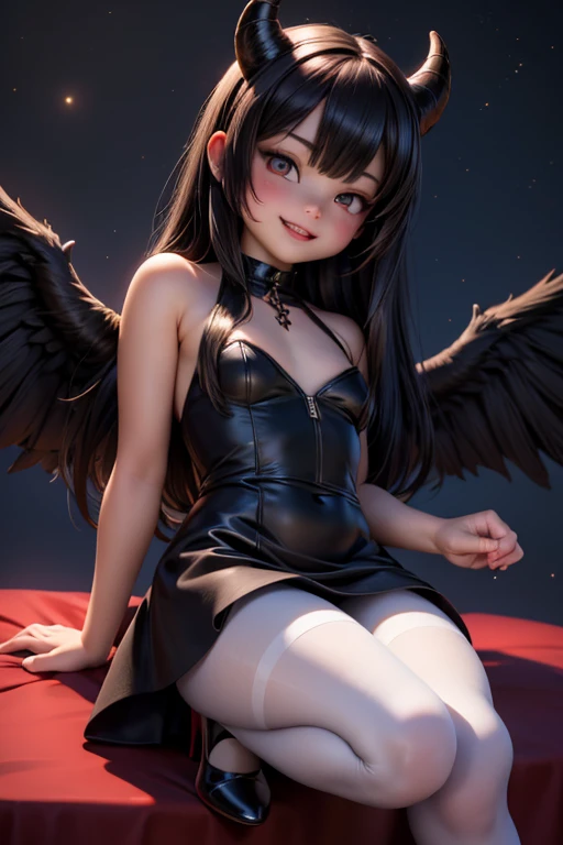 Ultra-realistic 8k CG, masterpiece, best quality, (photorealistic:1.4), absurdres, extremely detailed, real hair, life-like, horror scene, dark setting, cute girl smiling, big , red lipstick, red smokey eyes make up, showing fang, black hair, girly dress, (white pantyhose), black ((mary jane pumps)), tail, black wings, devil horns, looking at viewer, reflective, crouching toward viewer, night sky