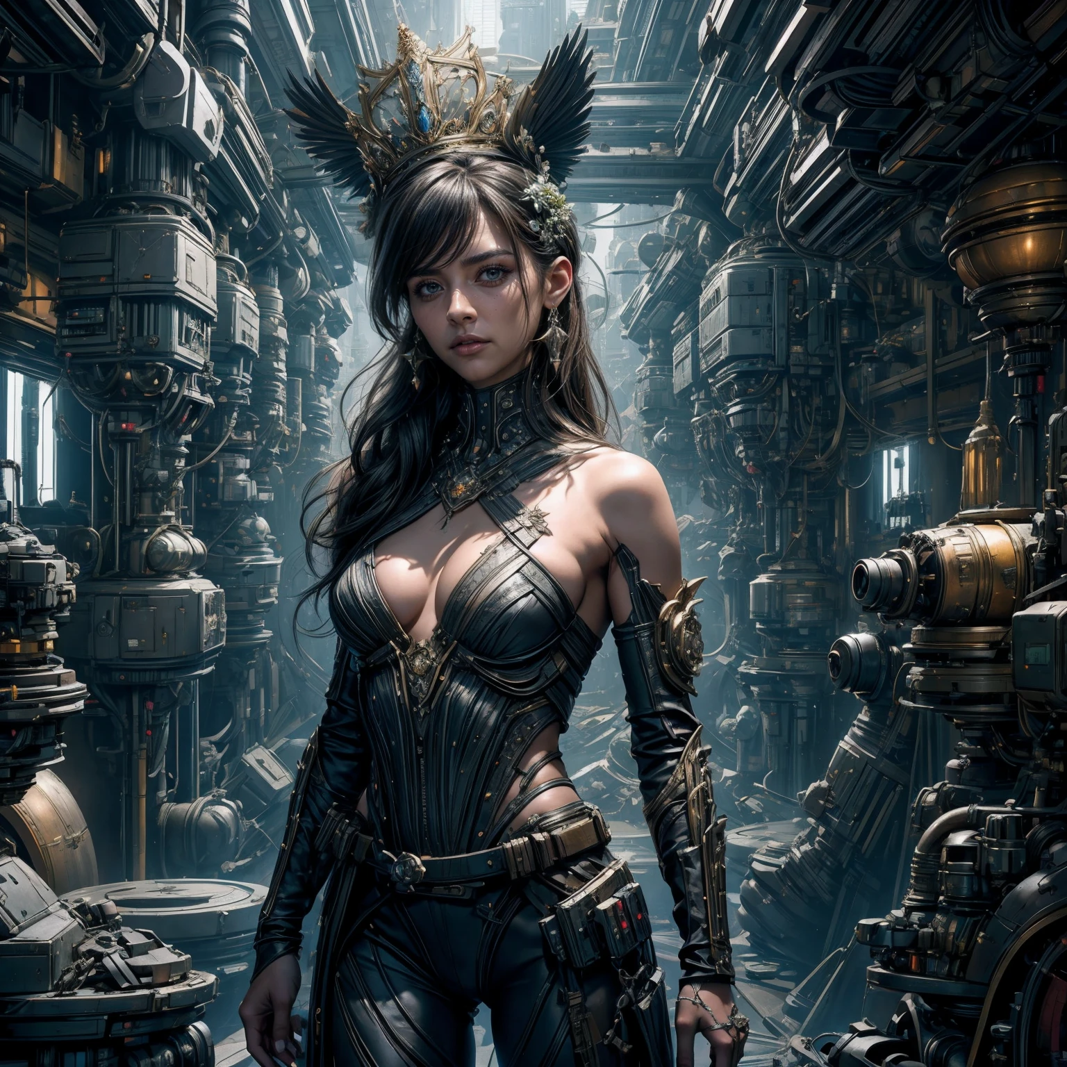 1 character, Ultra realistic 16K CG, masterpiece, Best Composition, Photo quality, work of art, full length portrait, Character incredibly beautiful girl., Incredibly beautiful face, very detailed face, Detailed eyes, detailed hair, correct anatomy, bride, princess, Against the backdrop of a futuristic city, The capital of the Star Wars empire in the style of John Lucas, Incredible skyscrapers in the background, naked, flowers, Crown of their flowers and diamonds, high detail, Lots of elements, Flowers in containers, flowers в вазонах, A lot of plants, talmas and cacturas, Creepers on the walls, gilding on structures, neon lights, evening, Twilight, futuristic display, Hologram, night, fantasy advertising lights, Street, flying transports, loot cargo ships, cranes, Manipulators.