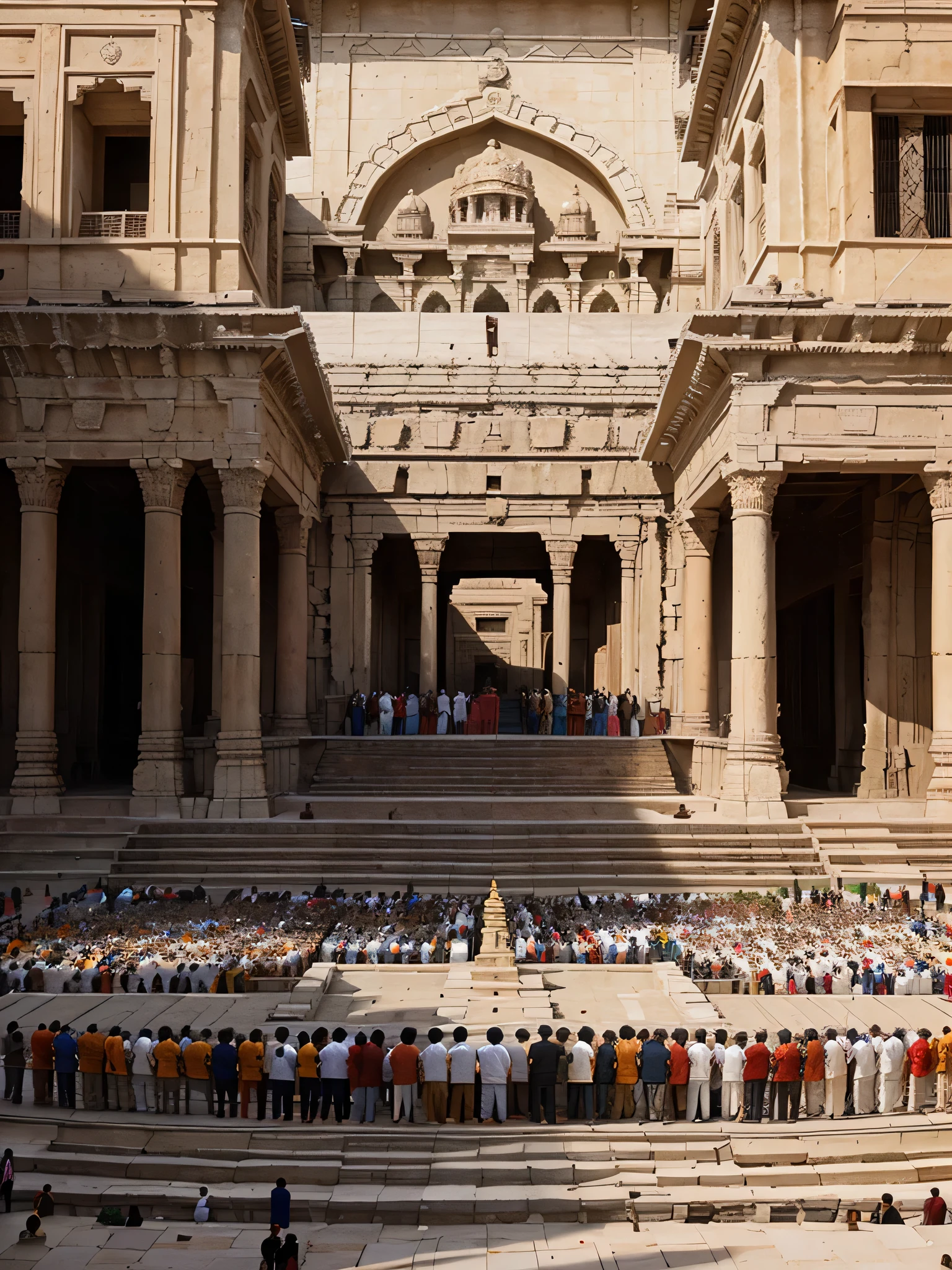 Create a collage-style image featuring people from diverse backgrounds coming together in front of the Ayodhya Ram Mandir, symbolizing the global impact and unity inspired by the construction of the temple.