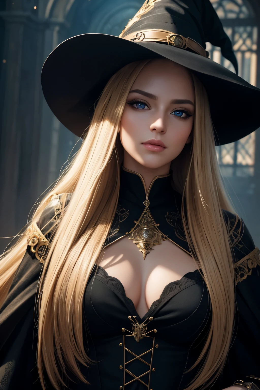 rue masterpiece, 24K, extraordinary and stunning photograph of a gorgeous witch woman, high quality, ultra realistic, fantastic place, long honey blonde hair, ((brown black)) eyes, very long eyelashes, symmetrical eyes, detailed eyes, high quality eyes, perfect face, high quality face, realistic, photorealistic, shiny skin, (masterpiece:1.5), concept art, intricate details, highly detailed, octane render, 8k, unreal engine, dynamic pose, best quality, highres, she is radiant with beauty, extremely detailed skin texture, peach fuzz, plump lips, beautiful makeup, absolute realistic image, ultra realistic photography, with witch outfit, full covering clothes, high details, intricate clothing, advanced, glowing shadows, beautiful gradient, depth of field, clean image, extremely detailed face, half of her body is visible