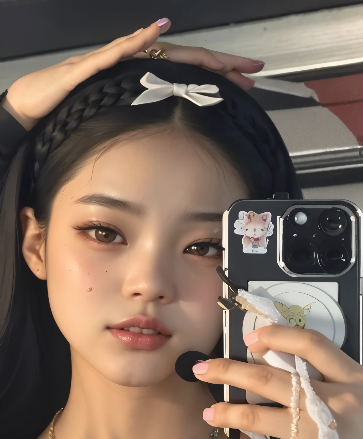 There is a woman taking a photo with her cell phone, jennie rosa negro, Jisoo de Blackpink, jisoo de blackpink, jossi de blackpink, parque roseanne de blackpink, autofoto iphone, Orejas de gato en la cabeza, TaeJune Kim, heonhwa choe, retrato de jisoo rosa negro, using hair bow, peinado kawaii, 8k selfie photography, pale korean adorable face