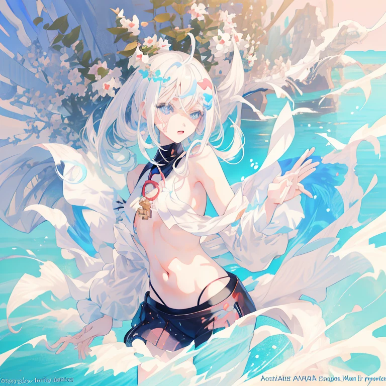 anime girl with white hair and blue eyes on the beach, splash art anime , detailed digital anime art, ahegao, ahegao face, kawaii realistic portrait, from the azur lane videogame, detailed portrait of anime girl, anime visual of a cute girl, detailed anime character art, detailed key anime art, anime moe artstyle, topless, flat chest, young