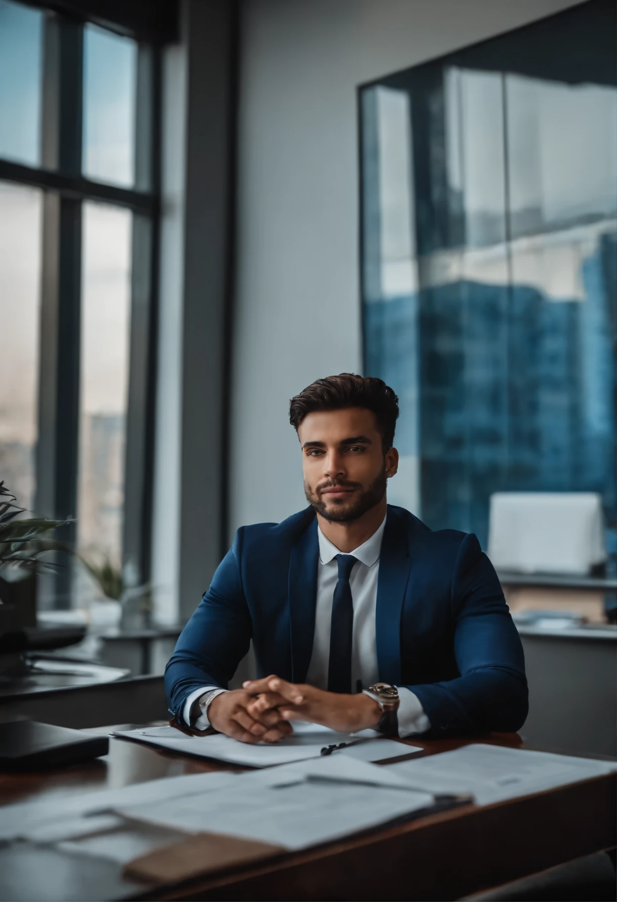 jovem loiro de 25 anos de idade, in your office overlooking the city, com traje social azul escuro, behind a table with architectural projects, Looking at the camera.