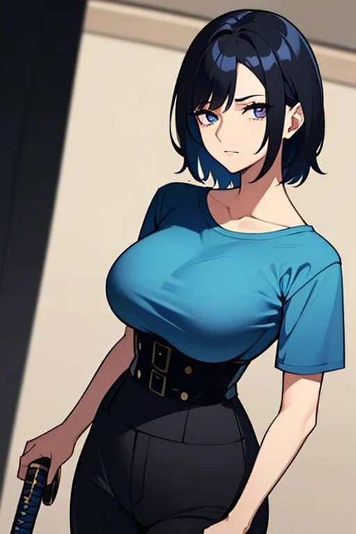 A woman with short chopped black hair and cyan eyes wearing blue shirt, black corset black pants holding katana