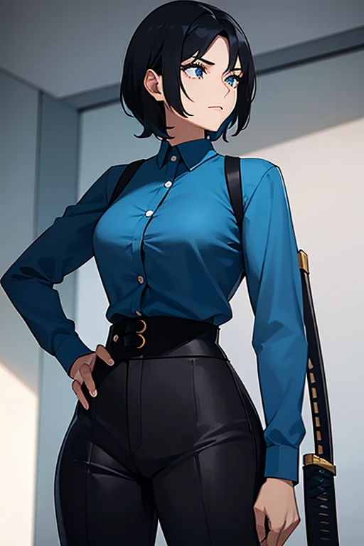 A woman with short chopped black hair and cyan eyes wearing blue shirt, black corset black pants holding katana