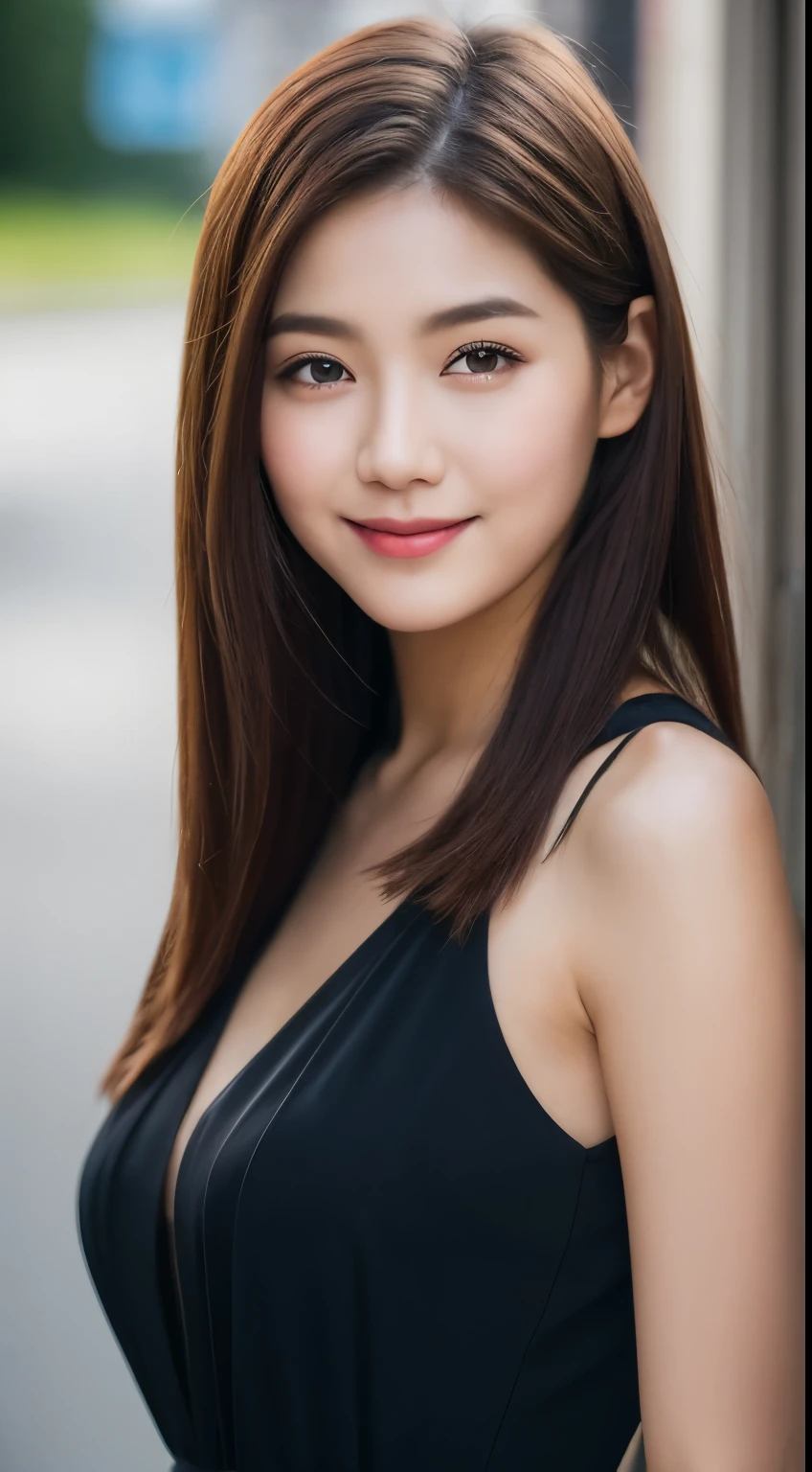 （（best qualtiy，8K，tmasterpiece：1.3））， 1girll， ssmile， （Full body photo）， Slim Faces， Beautiful woman， （dark brown  hair）， full length dress ：1.1， Super detailed face， Detailed eyes， 二重まぶた， blur backgroun， Slim Faces， 城市， do lado de fora， the street，