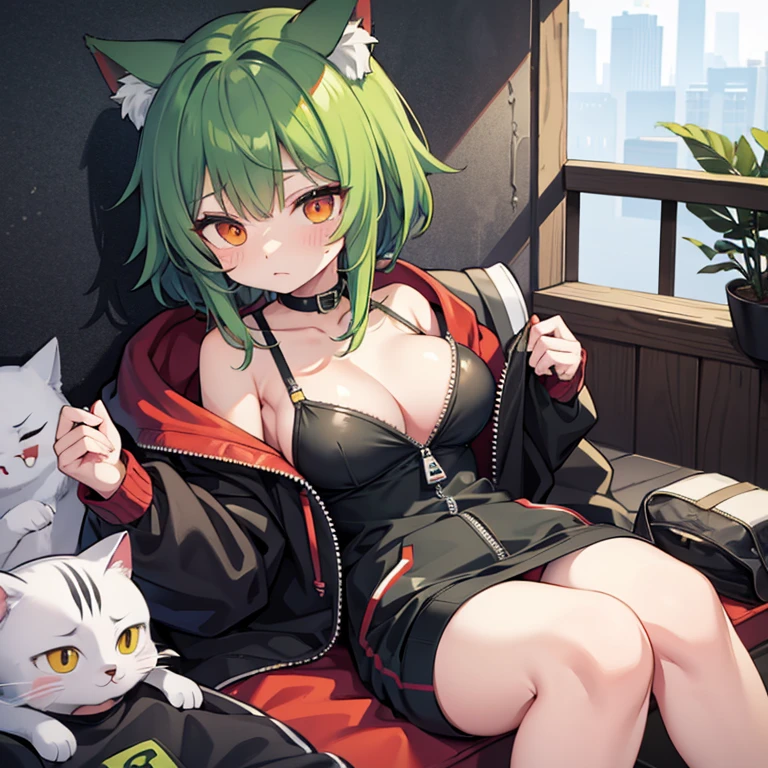 Green hair long、Cat ear、red eye、hoodie、Open the zipper a little and you can see the cleavage、1 girl