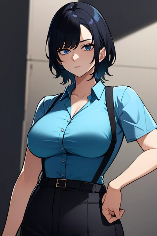 A woman with short chopped black hair and cyan eyes wearing blue shirt, black corset black pants holding katana