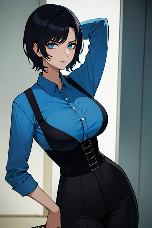 A woman with short chopped black hair and cyan eyes wearing blue shirt, black corset black pants holding katana