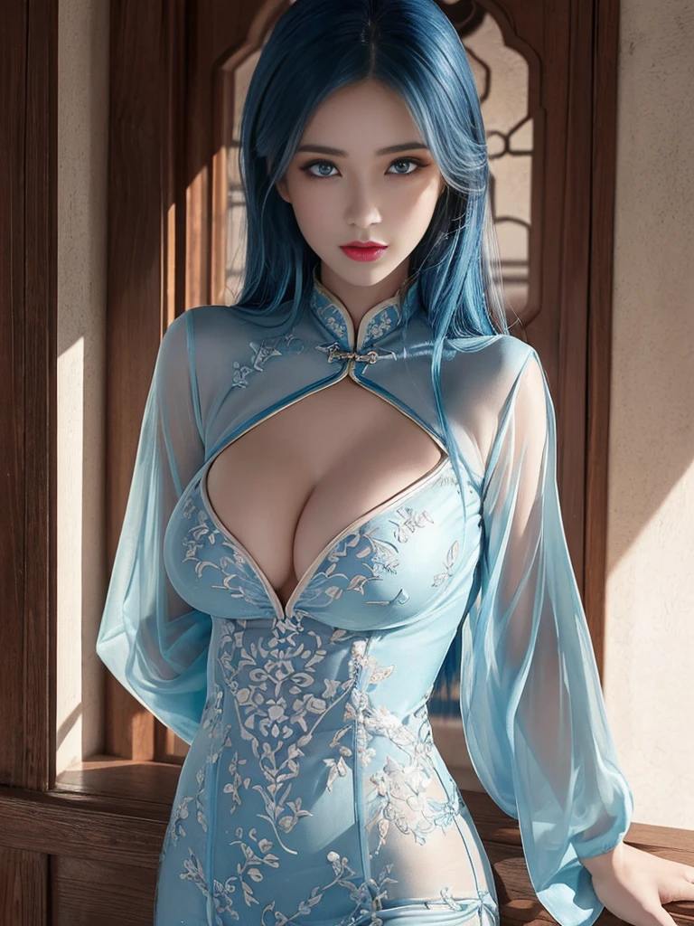 (Hyperrealistic), (illustration), (high resolution), (8K), (Extremely detailed), (Best Illustration), (Beautiful detailed eyes), (Best quality), (Ultra-detailed), (Masterpiece), (the wallpaper), (Photorealistic), (Natural light), (rim lit), (Detailed face), (Highly detailed realistic skin textures), (Anatomically correct), (Solo), (1 girl), (high detailed realistic hair), (Blue hair:1.2), spiked hair, (Heterochromic eyes), (detailed green eyes), (Small moles under the eyes), (Realistic big breasts:1.5), (Exposed breasts:1.3), (Long legs), (Slender abs), (Dynamic pose), (Closed mouth:1.3), (traditional cheongsam outfit), (Sheer clothes:1.5), NSFW,nakeness