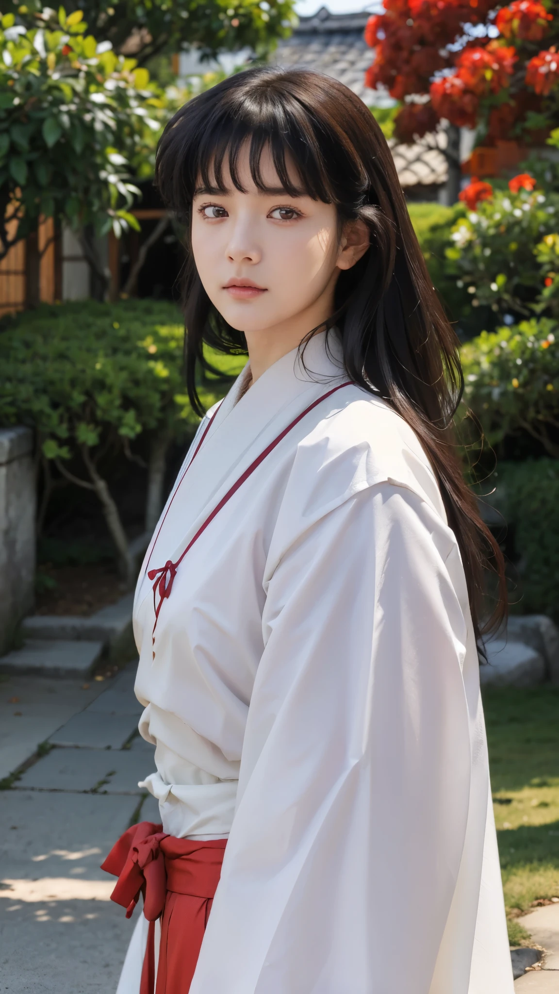 masterpiece, best quality, a close photo of Kikyo, 1 girl, solo, standing, multiple pose, brown eyes, long hair, red hakama and white kimono, looking_at_viewer, expressionless, upper_body, ((detailed face, detailed eyes:1.3)) ((Village background:1.0))