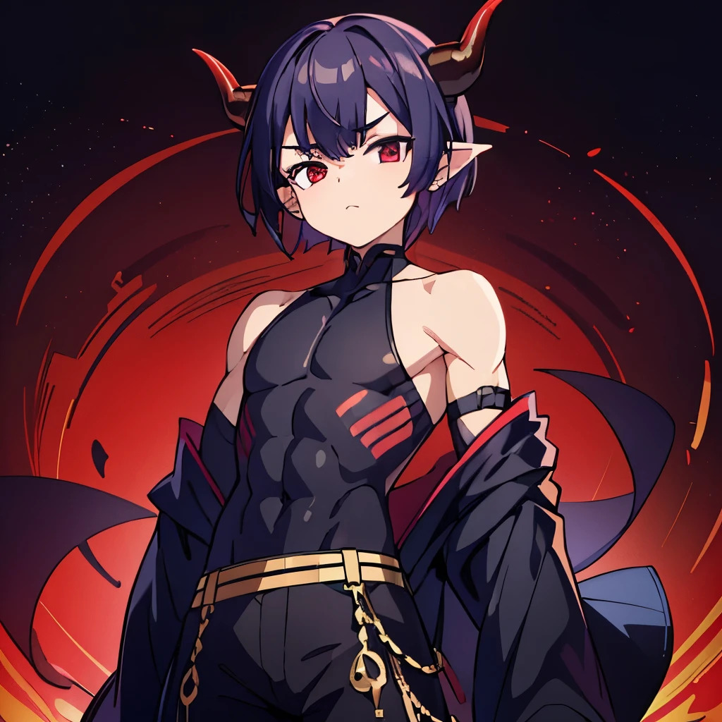 1boy((best quality)), ((masterpiece)), (detailed), perfect face1 boy;((best quality)), ((masterpiece)), (detailed), perfect face;shuten doji style; pretty face ; pretty boy, demon horns protruding out of forehead; black hair; lean physique; wearing tight sleevles shirt e; standing in front of viewer ; black medium hair,male ; make him a male with a male chest, full body shot, wearing pants, wearing tight sleevless tank top ,sfw, small lean body, tight fitting clothe, red and black color scheme, , petit body , pointy ears
