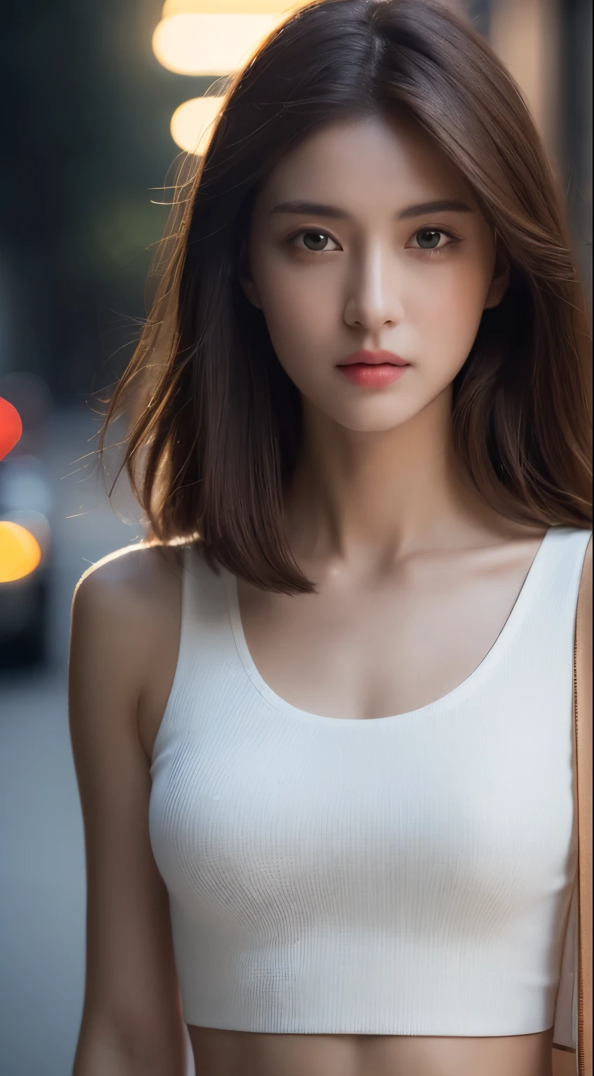 ((Realistic lighting, Best quality, 8K, Masterpiece: 1.3)), Clear focus: 1.2, 1girl, Perfect Figure: 1.4, Slim Abs: 1.1, ((Dark brown hair)), (White crop top: 1.4), (Outdoor, Night: 1.1), City streets, Super fine face, Fine eyes, Double eyelids,