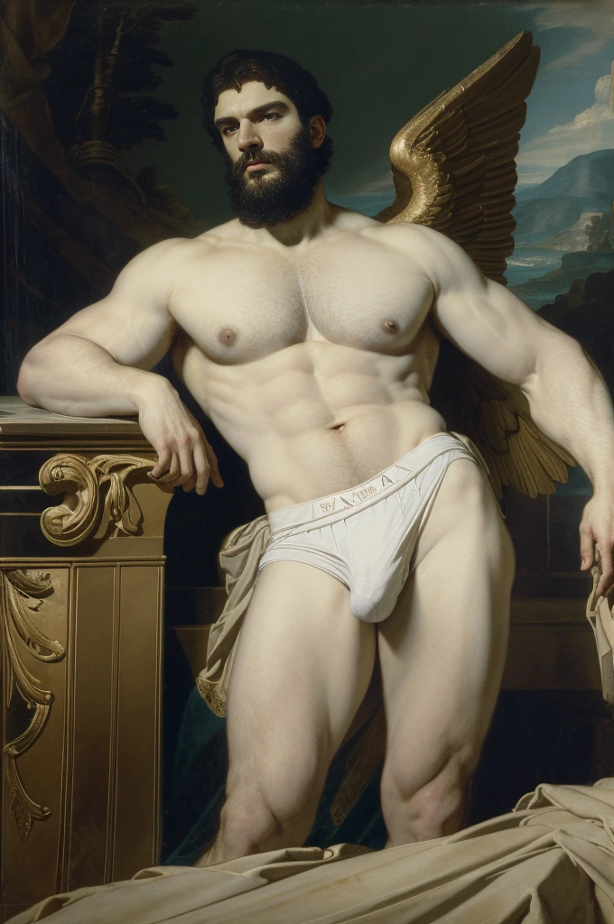 Standing pose, oil painting, exquisite beautiful, masterpiece, fine art painting of a masculine angel, hairy body, dynamic pose, looking like Henrycavil, fantasy religious homoerotic art, big wings feathers, saint michael archangel, gilded pinions, antique canvas texture, high detail, museum images, trending on artstation, greg rutkowski, Alexandre Cabanel, tom of finland anne-louis girodet and craig mullins, george quaintance and kees maks, epic breathtaking baroque masterpiece, fine intricate rococo detail, ultra 8k hdr megapixel, extreme precise detail, perfect body composition, oil painting, ((White briefs, big bulge)), realist fine details, classical painting, fine art painting, ((Italian landscape background)), oil on canvas, oil painting, Masterpiece, masterpiece,