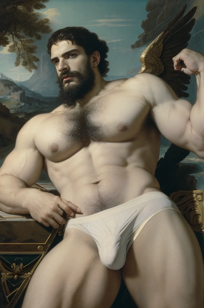 Standing pose, oil painting, exquisite beautiful, masterpiece, fine art painting of a masculine angel, hairy body, dynamic pose, looking like Henrycavil, fantasy religious homoerotic art, big wings feathers, saint michael archangel, gilded pinions, antique canvas texture, high detail, museum images, trending on artstation, greg rutkowski, Alexandre Cabanel, tom of finland anne-louis girodet and craig mullins, george quaintance and kees maks, epic breathtaking baroque masterpiece, fine intricate rococo detail, ultra 8k hdr megapixel, extreme precise detail, perfect body composition, oil painting, ((White briefs, big bulge)), realist fine details, classical painting, fine art painting, ((Italian landscape background)), oil on canvas, oil painting, Masterpiece, masterpiece,