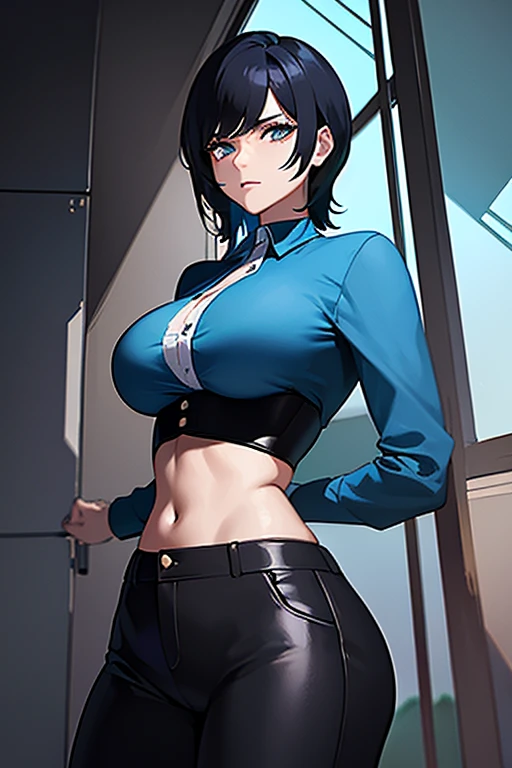 Masterpiece, A confident woman with short chopped black hair and cyan eyes wearing blue shirt, black corset, black pants, on a ship in a hurricane