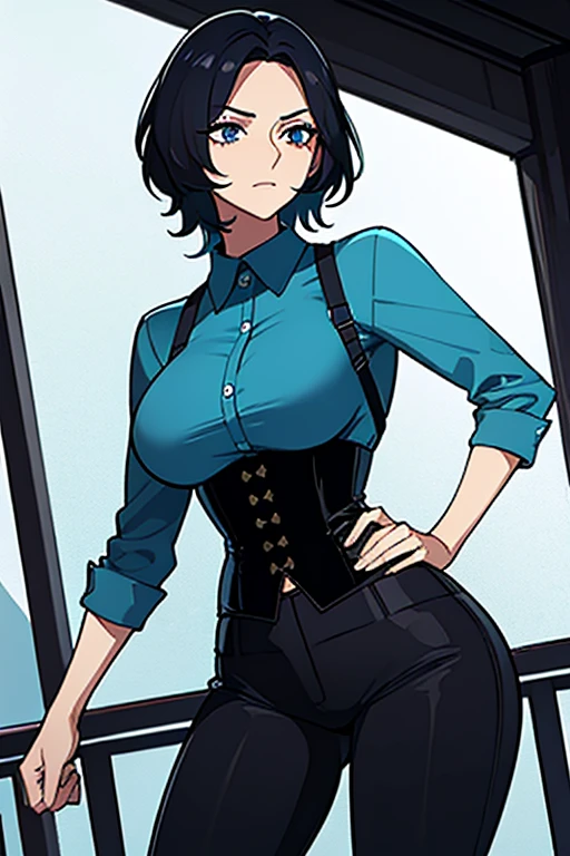 Masterpiece, A confident woman with short chopped black hair and cyan eyes wearing blue shirt, black corset, black pants, on a ship in a hurricane