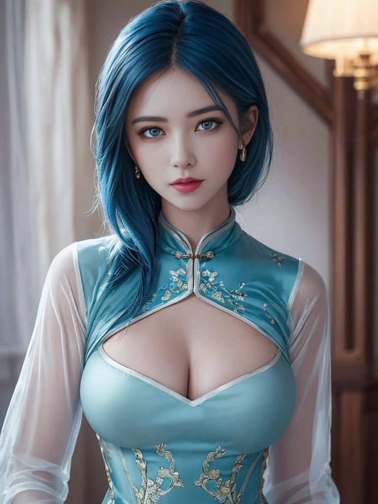 (Hyperrealistic), (illustration), (high resolution), (8K), (Extremely detailed), (Best Illustration), (Beautiful detailed eyes), (Best quality), (Ultra-detailed), (Masterpiece), (the wallpaper), (Photorealistic), (Natural light), (rim lit), (Detailed face), (Highly detailed realistic skin textures), (Anatomically correct), (Solo), (1 Indian girl), (high detailed realistic hair), (Blue hair:1.2), spiked hair, (Heterochromic eyes), (detailed green eyes), (Small moles under the eyes), (Realistic big breasts:1.5), (Exposed breasts:1.3), (Long legs), (Slender abs), (Dynamic pose), (Closed mouth:1.3), (traditional cheongsam outfit), (Sheer clothes:1.5), NSFW,nakeness