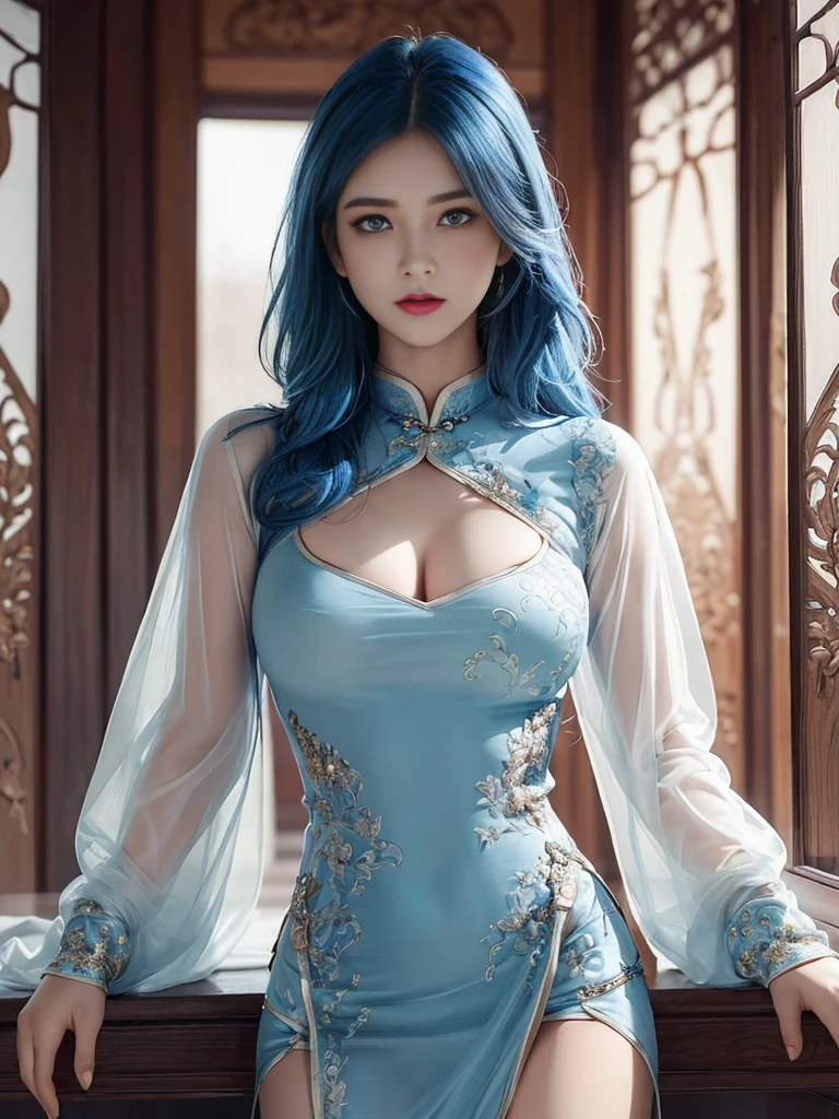 (Hyperrealistic), (illustration), (high resolution), (8K), (Extremely detailed), (Best Illustration), (Beautiful detailed eyes), (Best quality), (Ultra-detailed), (Masterpiece), (the wallpaper), (Photorealistic), (Natural light), (rim lit), (Detailed face), (Highly detailed realistic skin textures), (Anatomically correct), (Solo), (1 Indian girl), (high detailed realistic hair), (Blue hair:1.2), spiked hair, (Heterochromic eyes), (detailed green eyes), (Small moles under the eyes), (Realistic big breasts:1.5), (Exposed breasts:1.3), (Long legs), (Slender abs), (Dynamic pose), (Closed mouth:1.3), (traditional cheongsam outfit), (Sheer clothes:1.5), NSFW,nakeness