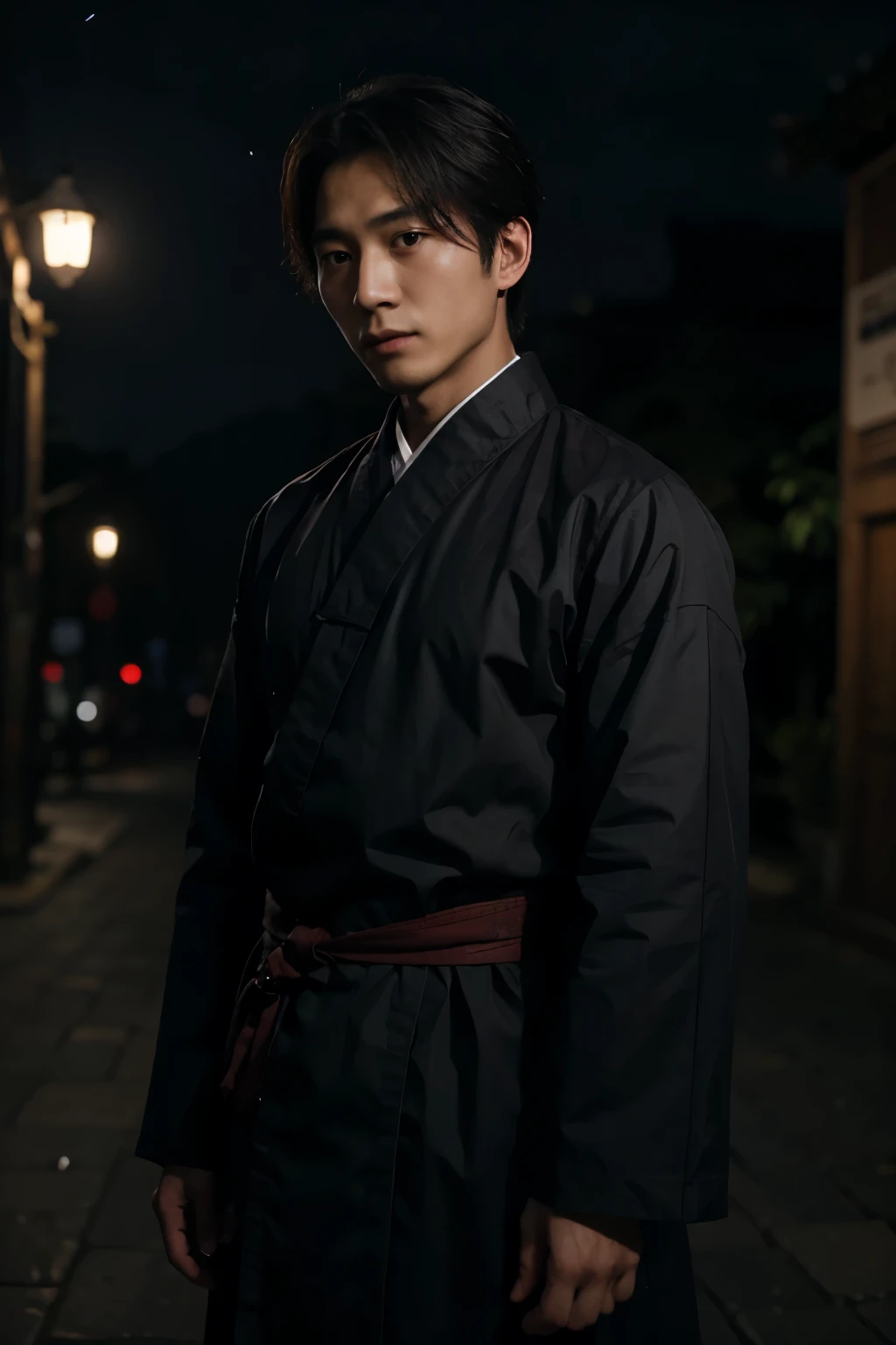 A man in a hanbok in a dark night without any lights
