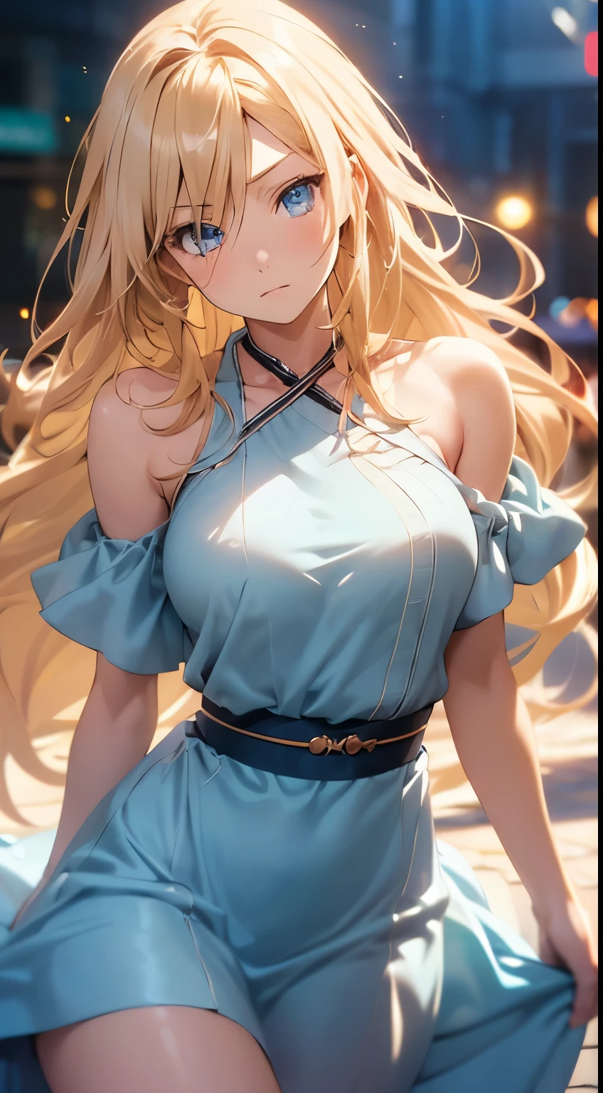 Anime style, filmgポートレート写真, 1womanl, 30-years old, full bodyesbian, large full breasts, Angry, Golden hair, Longhaire, Blue eyes, Wearing a light blue dress, (Natural Skin Texture vibrant detail, hyper realisitic, (Realistic detailed eyes, Natural Skin Texture, Realistic face details), Soft dramatic lighting, depth of fields, Bokeh, vibrant detail, hyper realisitic, 35mm filmg, Hazy blur, filmg,