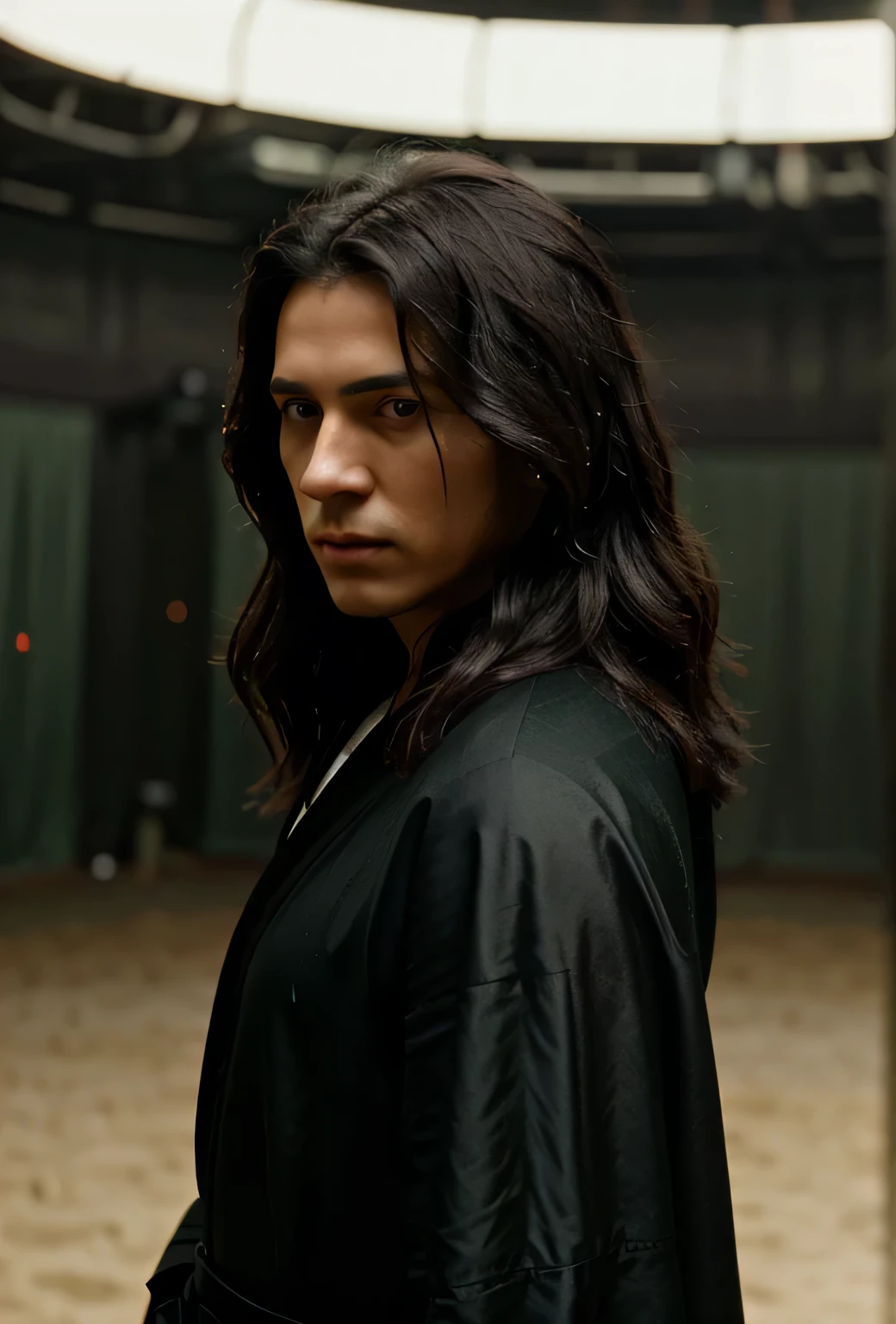 A man with long black hair, wearing a green robe, stands in an arena. The man's hair is extremely detailed, flowing down to his waist. He has a Jedi-like appearance, with a stoic expression on his face. The arena is well-lit with studio lighting, emphasizing the details of the man's features. The image is of the highest quality, with a resolution of 4k and a realistic, photorealistic rendering style. The colors in the image are vivid, with a dominant color palette of green and black, complementing the man's robe and hair. Overall, the image is a masterpiece, showcasing the ultra-detailed and physically-based rendering techniques. The scene is reminiscent of the movie "Dune" released in 2021, capturing the essence of its visual aesthetic.