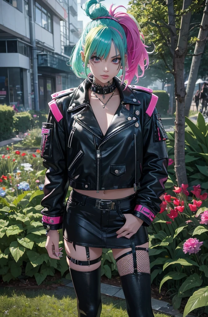 A girl with punk fashion in a NASA themed garden, wearing a leather jacket with studs and patches, along with a denim skirt, fishnet tights, and combat boots. Her hair is dyed with bright colors like neon green and hot pink, styled in messy spikes. She has multiple piercings, including on her nose, eyebrows, and lips. The garden is filled with futuristic elements, such as rocket sculptures, satellite dishes, and futuristic plants with neon colors. The girl is posing confidently, with a rebellious expression on her face. The overall artwork is an ultra-detailed and photorealistic digital illustration, with vivid colors and a high-resolution 4K quality. The lighting in the scene is dramatic, with a mix of natural sunlight and artificial neon lights, creating a punk yet futuristic atmosphere.