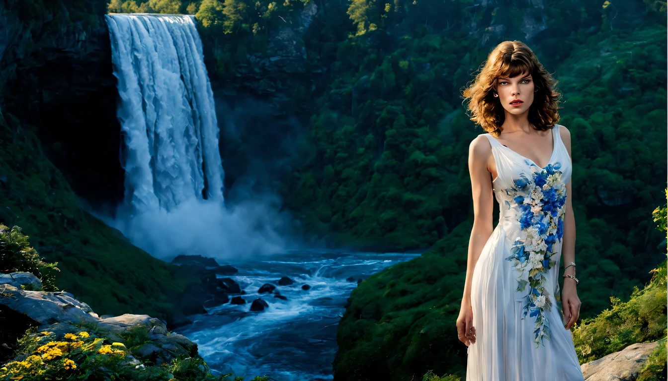 beautiful young lady (milha Jovovich), (20 anos), vestido longo Branco com Azul , de corpo inteiro, rocher, Very realistic waterfall, coucher du soleil, fleurs