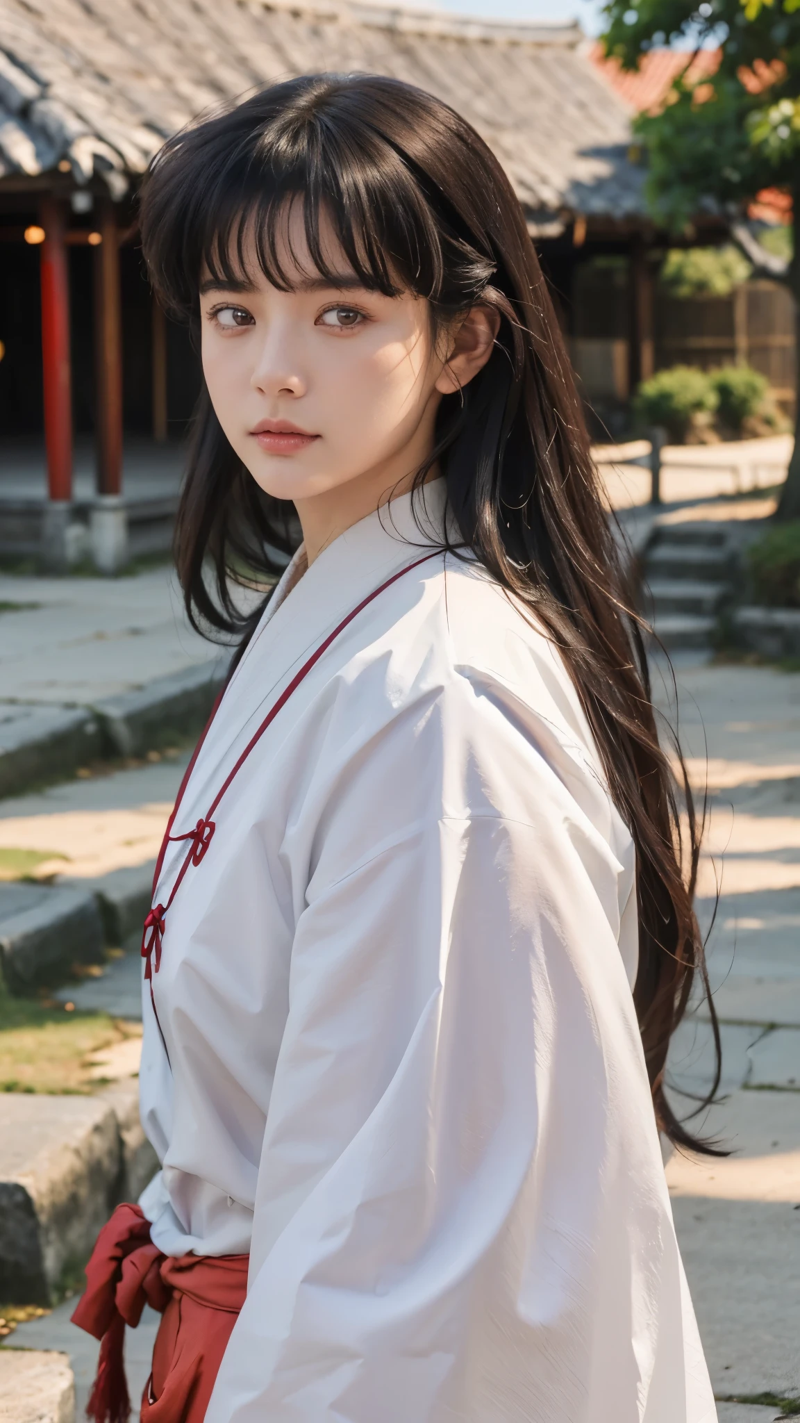 masterpiece, best quality, a close photo of Kikyo, 1 girl, solo, standing, multiple pose, brown eyes, long hair, red hakama and white kimono, looking_at_viewer, expressionless, upper_body, ((detailed face, detailed eyes:1.3)) ((Village night background:1.0))