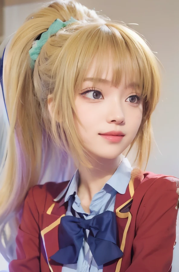 Realistic Picture of Karuizawa Kei, female anime character, classroom of the elite character, high school student, Yellow-gold hair, ponytail hairstyle with bangs hair,green ribbon, light purple eyes, smile expression face, smile mouth, half body picture, wear school uniform, red blazer with yellow lines, light blue shirt, with dark blue bow tie, side head looking, side eyes looking, realistic texture character, 3d figure design, ultra detailed face 