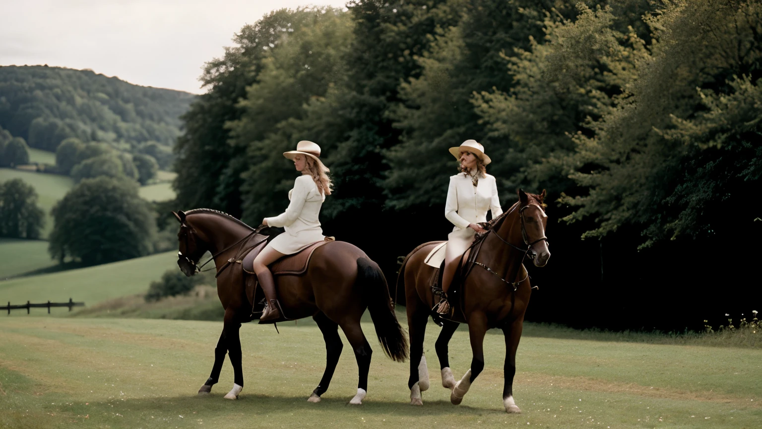 Ralph Lauren Advertisement from the 90s, young elegant women rides a beautiful brown german horse in the english countryside