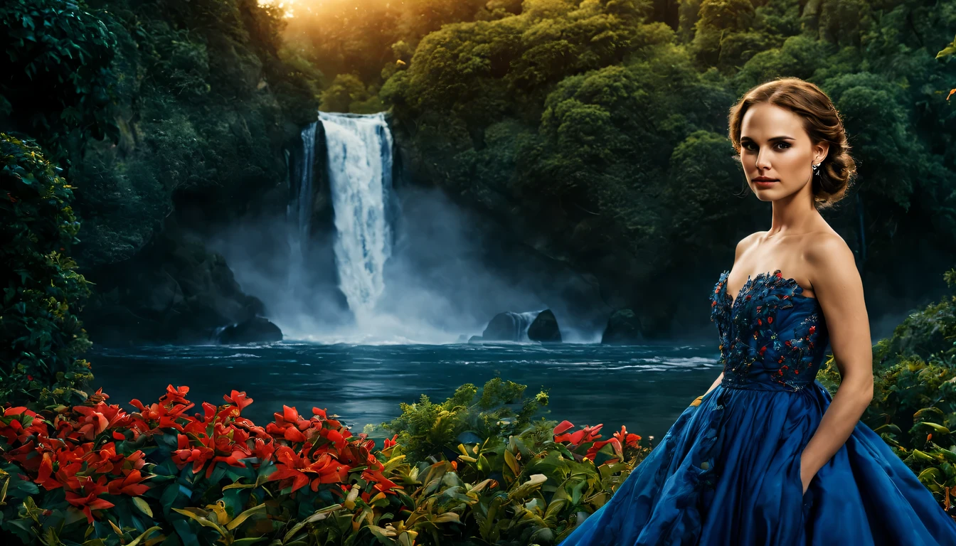 beautiful young lady (Natalie Portman), (27 anos), vestido longo Vermelho com Azul Escuro, de corpo inteiro, rocher, Very realistic waterfall, coucher du soleil, fleurs