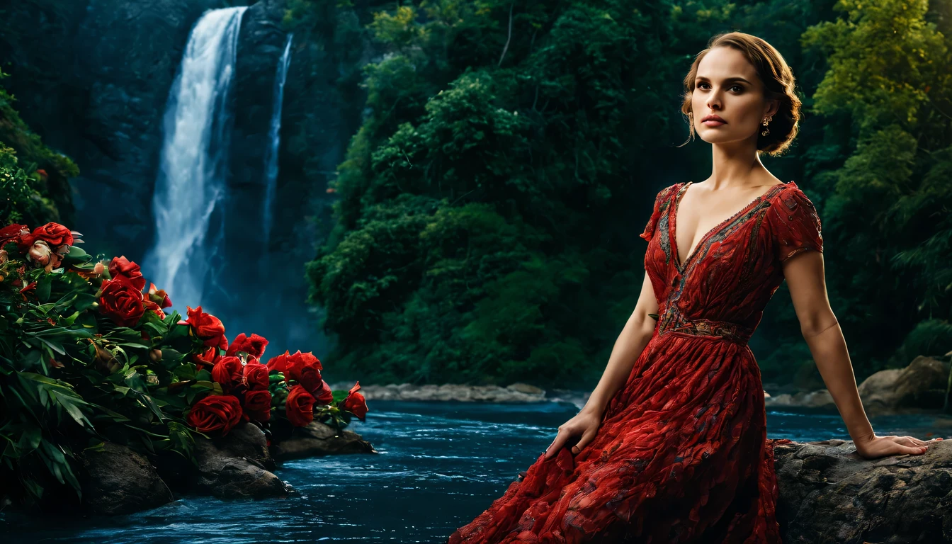 beautiful young lady (Natalie Portman), (27 anos), vestido longo Vermelho com Azul Escuro, de corpo inteiro, rocher, Very realistic waterfall, coucher du soleil, fleurs