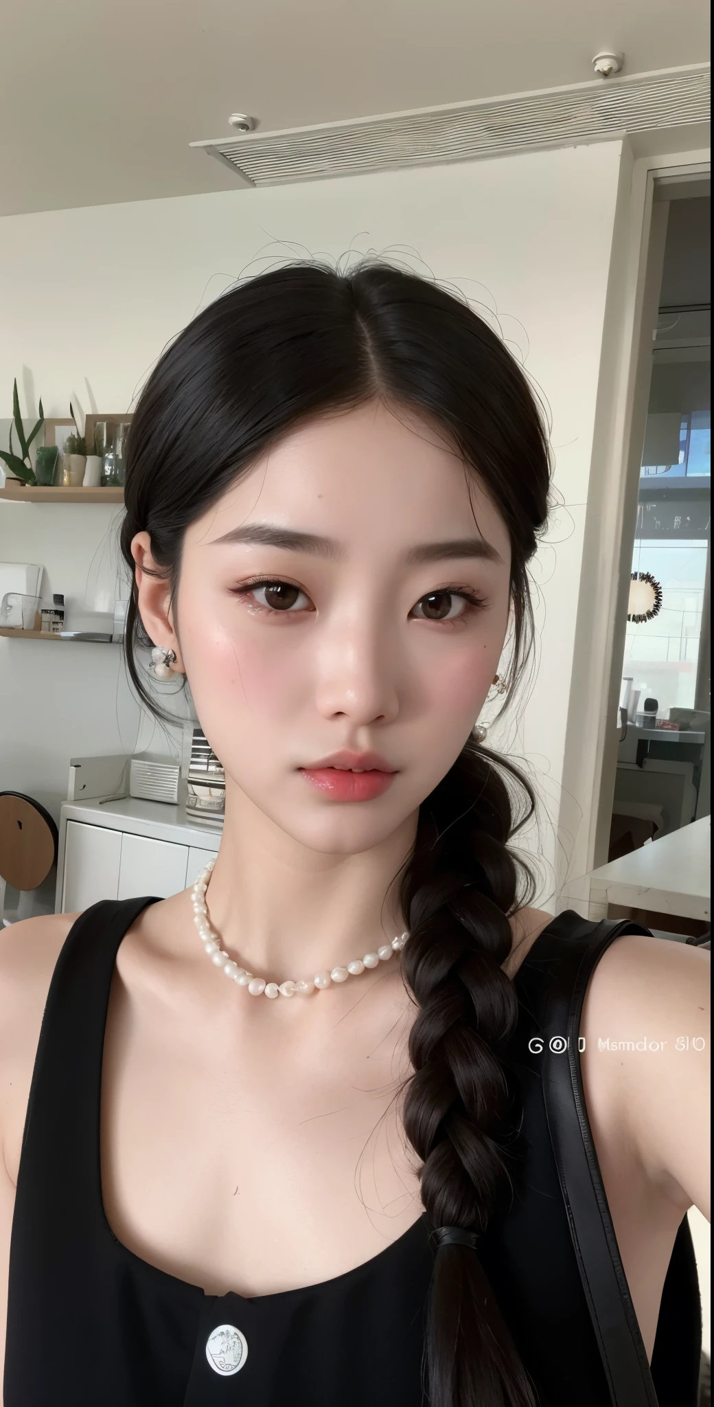Arafed woman with a pearl necklace and a black dress, Kim Doyoung, jaeyeon nam, Jinyoung Shin, Ulzzang, Heonhwa Choe, pale round face, young lovely korean face, imagem vazada, maquiagem coreana popular, maquiagem sul-coreana popular, com rosto redondo, rosto redondo pequeno, pale milky white porcelain skin,  coreana, Korean facial features