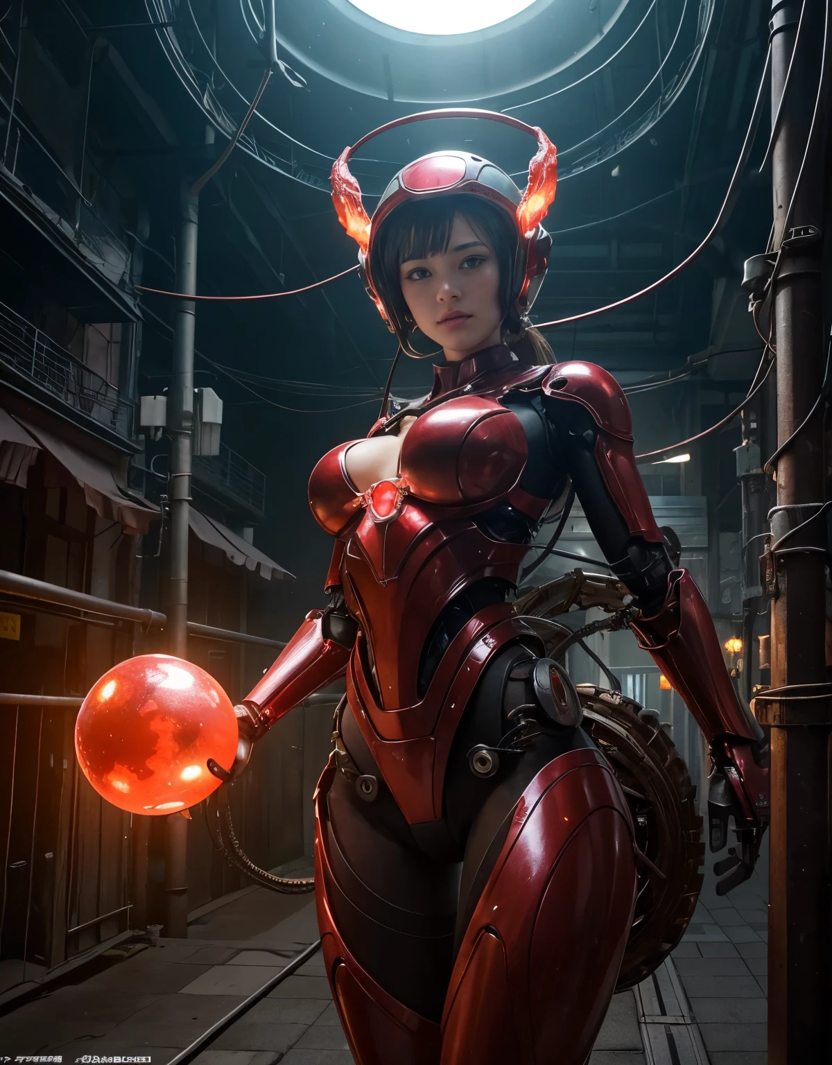 (Background of skimpy mechanical girl and octopus alien)、(Mystical expression)、highest quality、masterpiece、Super high resolution、(Photoreal:1.4)、RAW photo、1 girl、glowing skin、(((1 Mechanical Girl)))、Heavy chest、(red metalボディスーツ)、(Natural alien background to fight aliens)、(Small LED)、((Super realistic details))、vertical giant monster background),global illumination、Shadow、octane rendering、8K、super sharp、robotの背景、big breasts、Raw skin exposed in the cleavage、red metal、intricate decorative details、Japan details、very intricate details、realistic light、(Mystical expression),CG Society Trenlow Eyes、Eyes shining towards the camera、Mechanical marginal blood vessels connected to neon detail tubes)、(Wires and cables connecting to the head)、Small LED、,mechanical thighs、two stock、(Hands are also made of machines)、robot、future alien、Please wear a mechanical helmet、transparent face guard on helmet、