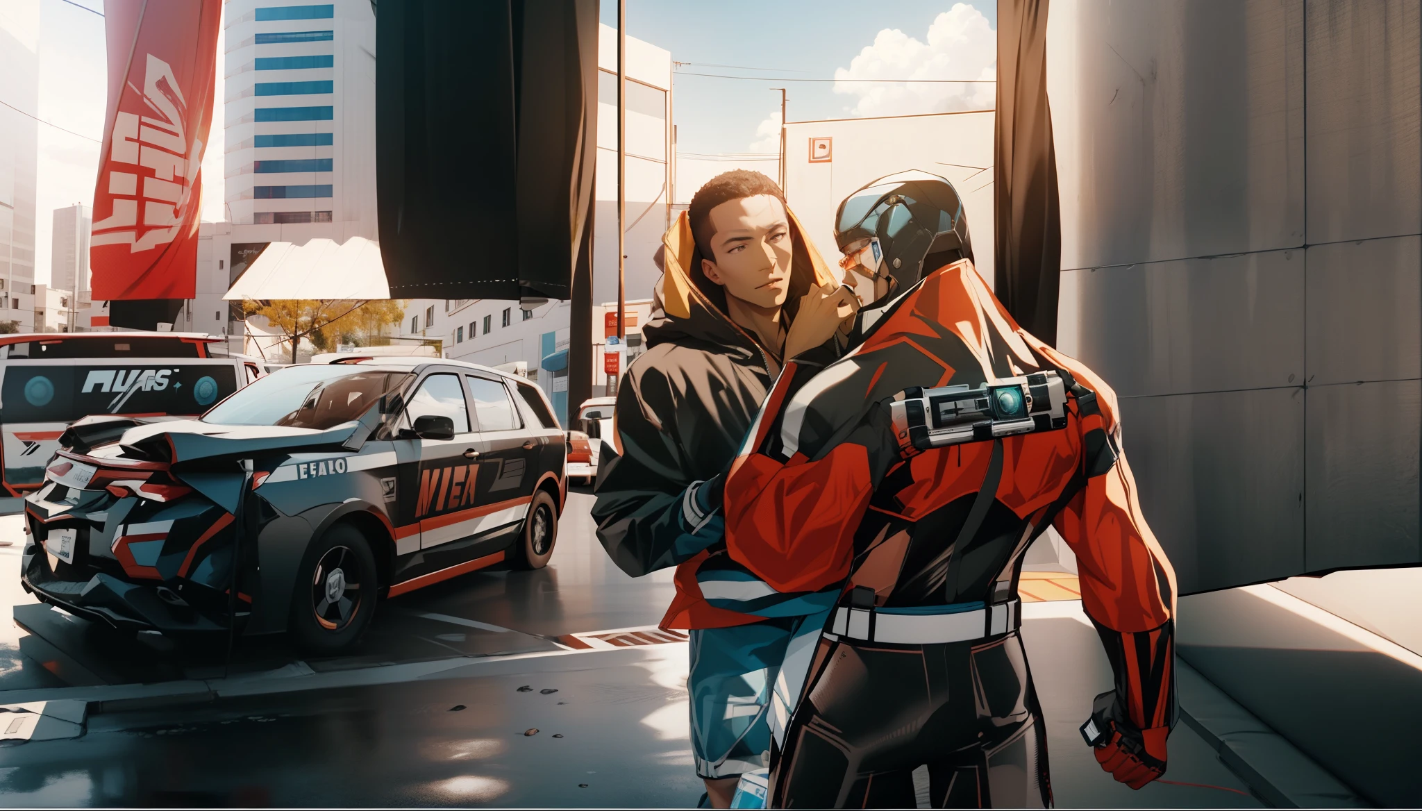 Capture the breathtaking moment as a superhero chokes a young, dark-skinned man wearing glasses, dressed in a crisp white windbreaker hoodie is surprised to find a time bomb on his back. This RAW masterpiece showcases an ultra-high resolution, photorealistic full-body portrait, illuminated by the warm glow of sunlight. The scene is rendered in the captivating style of mecha sci-fi anime, boasting an impressive 8K resolution for the best quality imagery. Crafted with Unreal Engine 1.4, this piece features ultra-realistic 64K CG, skin texture at 1.4, and volumetric fog to add depth and atmosphere. The details are further enhanced with 8K UHD, DSLR quality, film grain, and the artistic touch of lomography. The result is a stunning blend of high-quality visuals, translucent effects, and photorealism that truly captivates the viewer.