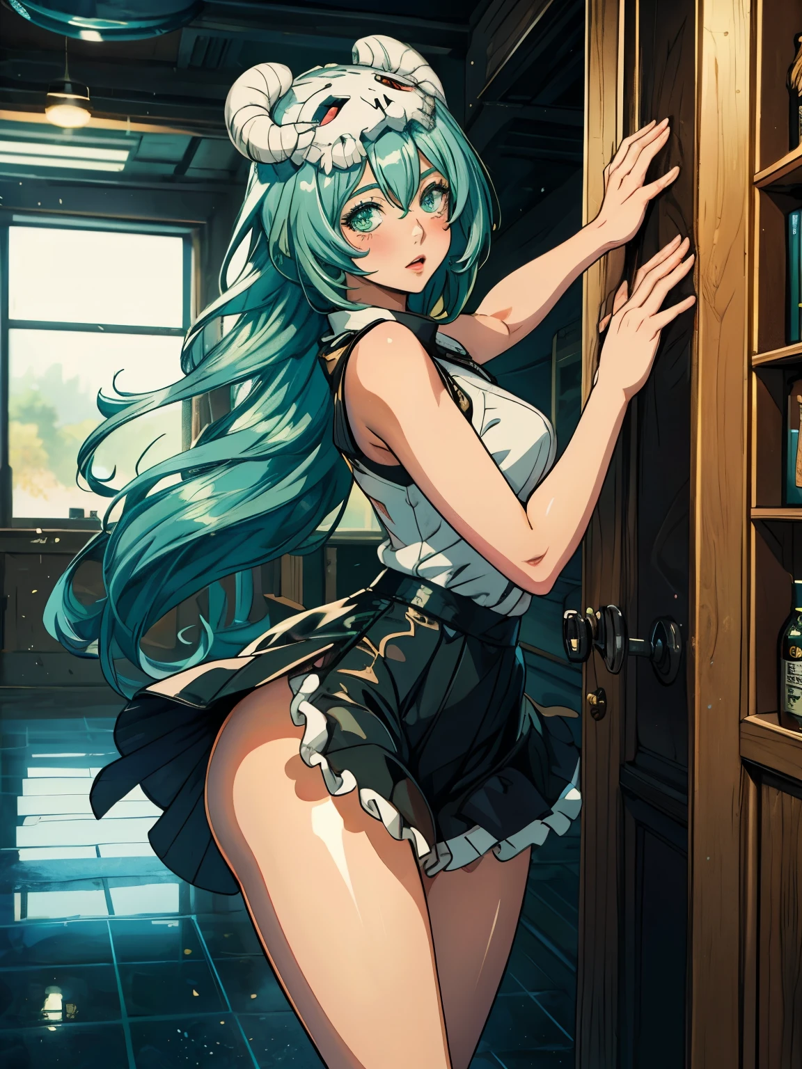 ((masterpiece)), (best quality),, official art, extremely detailed CG unity 8k wallpaper, highly detailed, shiny skin, Depth of field, vivid color,, 1girl, (curvy:1.0), (full body:0.8), girl wearing skirt or dress, sexy , portrait sophie mudd, casual pose, gorgeous young model, cute young woman, a beautiful -aged girl, very pretty model, young , cute young girl, beautiful young girl, beautiful model, green hair, light hair, shiny hair, young and cute girl, girl, Nelliel arankar, Bleach, Nazuna Nelliel anime, anime, looking at me, wild pose, sexy pose