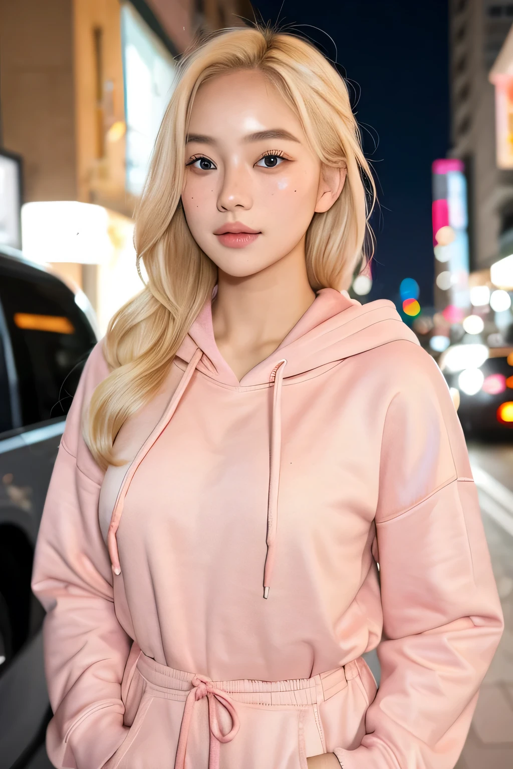 ultrarealistic portrait photo of beautiful woman with blonde hair, hair roots slightly faded, Malaysian, influencer, light freckles, brown eyes, no makeup, wearing a pink hoodie, in Malaysian night-streets, waist-up shot, Instagram