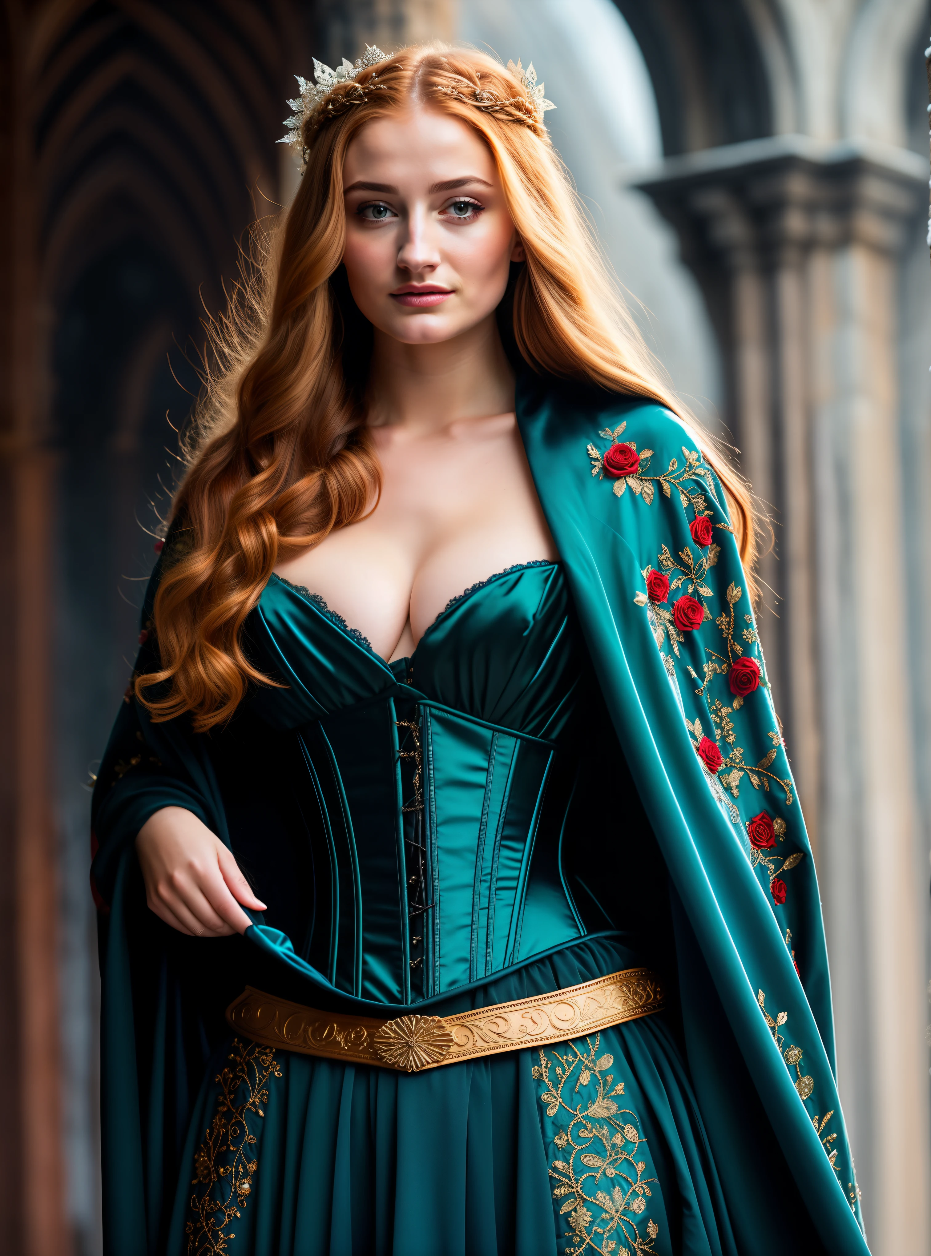 Sansa Stark: a robust portrayal, Sansa Stark as a Lady of Winterfell, Beautiful, thick and full-figured, exuding confidence, Wearing a fur-lined, deep blue dress that hugs her curves with the direwolf sigil embroidered prominently, A luxurious fur cloak drapes over her shoulders, symbolizing her status and the cold of the North, Her auburn hair is intricately braided, interwoven with icy blue gemstones representing the frost of Winterfell, The Lush Rose of Highgarden, Sansa draped in the golden warmth of a southern-inspired gown to emphasize her full figure, symbolizing alliance with Highgarden, An elegant, erotic cut that tastefully accentuates her form, carrying roses and thorns motifs, A voluptuous corset with floral embroidery and lace edges, showing the influence of Highgarden fashion, Posing with a serene smile, an intricate rose crown sitting atop her flowing hair, The Queen in the North, A majestic and voluptuous Sansa in ceremonial armor-styled dress that emphasizes her regality and strength, Combining leather, mail, and fine silks, creating a blend of practicality and sensuality, Fur-lined mantle and heavy cloak flowing behind her, signifying her reign in the wintry domain, Carrying an ornate sword at her hip, a symbol of her readiness to defend her kingdom, The Seductive Survivor at the Eyrie, A lush depiction of Sansa in a dress inspired by the eerie beauty of the Eyrie, with a plunging neckline and sheer sleeves, Feather motifs that recall the eerie heights of the mountain castle, coupled with sky blue and cloud-white fabrics, An erotic yet elegant costume that clings to her curves, like a bird set to soar, A haunted look in her eyes, hinting at her cunning and the tribulations she's endured,