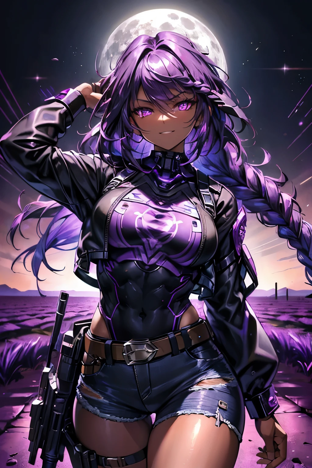 ((beautiful muscular dark-skinned gun slinger girl)), (mischievous grin), ((thick braided purple hair)), glowing purple eyes, blowing in the wind, ((black futuristic high-tech tactical shirt tucked into her denim shorts)), (high-tech gun holster), confident pose, ((in the middle of a desert)), (moon lighting), best quality, sharp well-defined linework, high quality, 8k professional picture