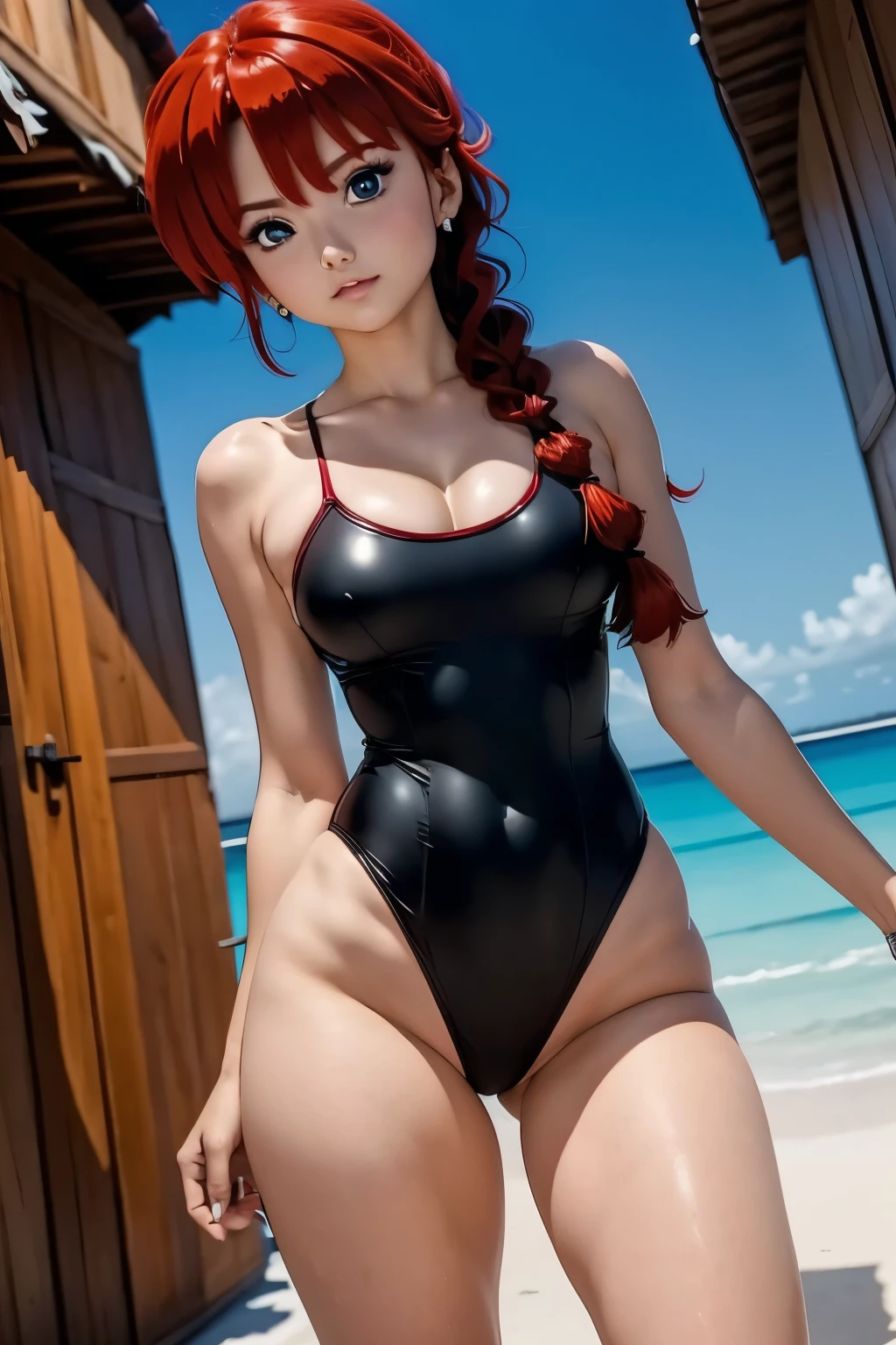 Redhead anime girl wearing a pink latex swimsuit, 17 anos, corpo perfeito, seios grandes aredondados, red hair with braid, beautiful lighting, olhos azuis, pernas bonitas, hair with a braid, estilo snime, Ranma Chan, Autora Rumiko Takahashi, Baseado em obra de Rumiko Takahashi, Anime ranma 1/2, big , seios grandes e redondos, decote sexy, quadril robusto, bunda grande, seios volumosos