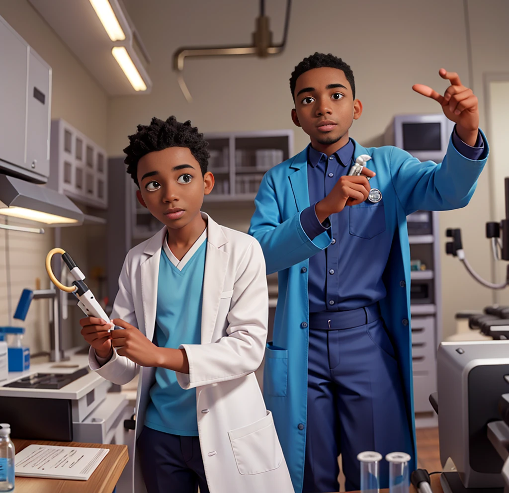Photo of a young LIGHT-TONE BLACK man in a laboratory or medical setting. The young man is wearing a white coat holding a microscope with both hands. The young man is wearing an aqua blue shirt under his lab coat. The lab coat on his left arm and a badge on his right chest with "MALE" written on it. The bottom consists of laboratory equipment and shelves.