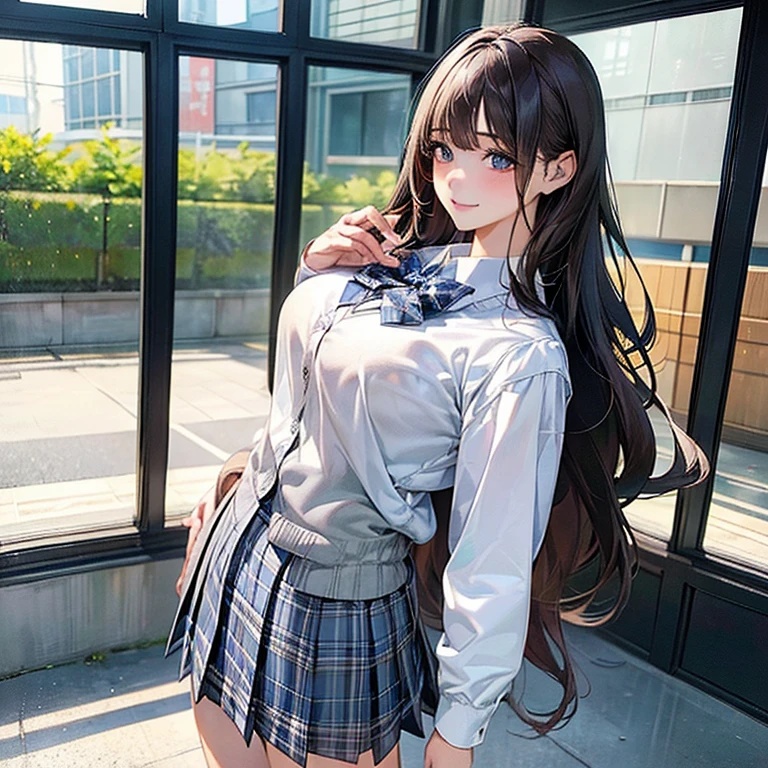 (masterpiece:1.2, highest quality), (realistic, realistic:1.4), beautifulイラスト,  show your butt, from back:0.6, 
1 girl, Japanese, High School girl, (long hair:1.5), big breasts:0.8, 
beautiful髪, beautiful顔, beautiful and fine eyes, beautiful鎖骨, beautiful体, beautiful , beautiful thigh, beautiful feet, beautiful指, 
(beautiful景色), , School,
((collared shirt, white shirt, School uniform, cardigan, Grey checked pleated skirt, Blue plaid bow tie)), white panties, 
Are standing, walk, 
smile, ,