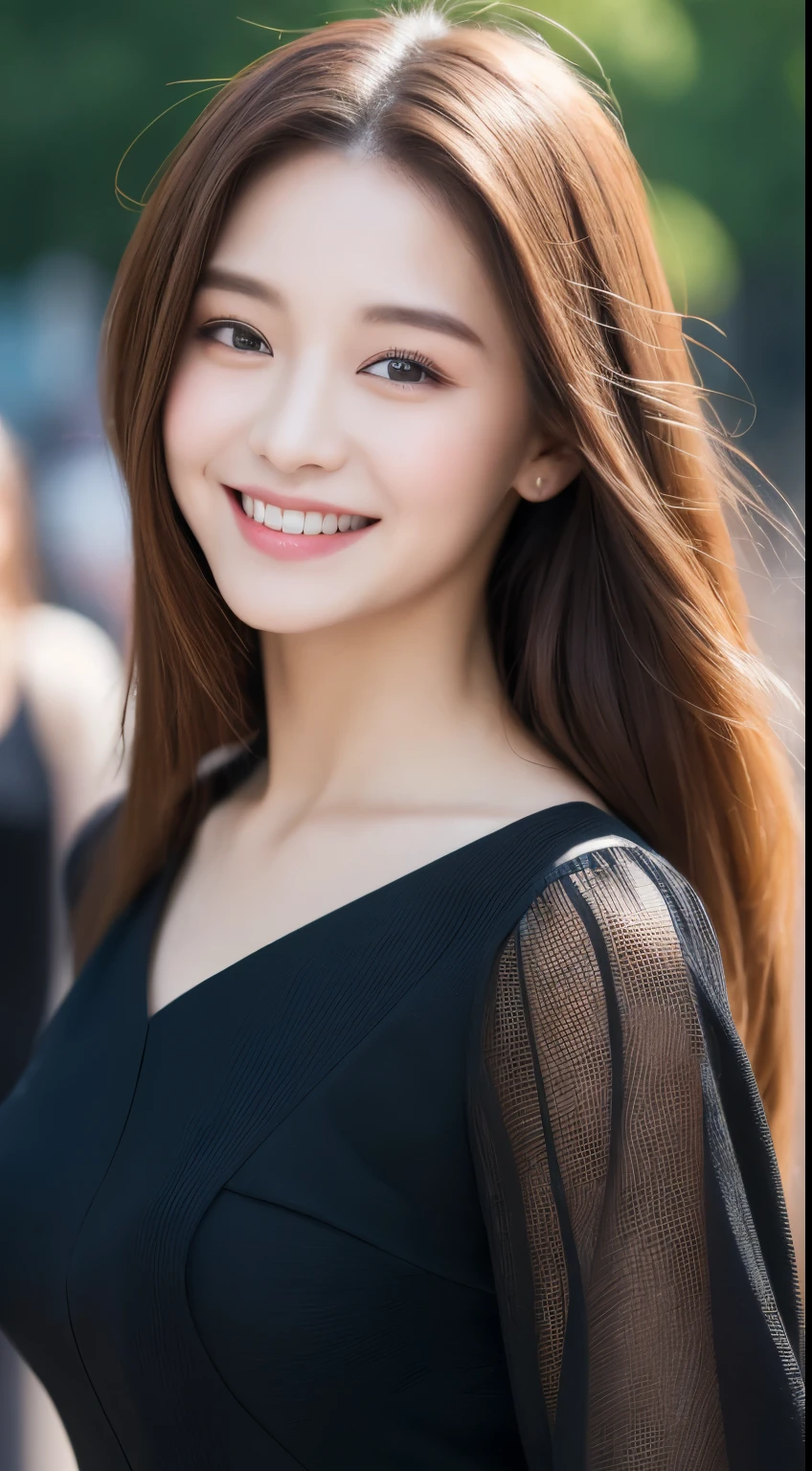 ((Best quality, 8k, Masterpiece :1.3)), 1girl, smiling, full body, slim face, Pretty woman, (Dark brown hair), full length dress :1.1, Ultra-detailed face, Detailed eyes, Double eyelid, blur background, slim face, city, outside, street,