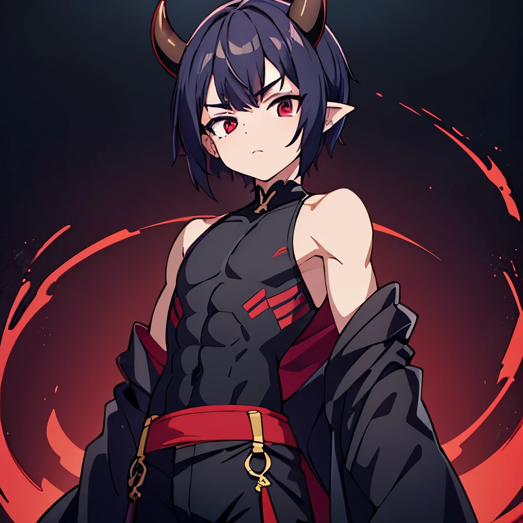 1boy((best quality)), ((masterpiece)), (detailed), perfect face1 boy;((best quality)), ((masterpiece)), (detailed), perfect face;shuten doji style; pretty face ; pretty boy, demon horns protruding out of forehead; black hair; lean physique; wearing tight sleevles shirt e; standing in front of viewer ; black medium hair,male ; make him a male with a male chest, full body shot, wearing pants, wearing tight sleevless tank top ,sfw, small lean body, tight fitting clothe, red and black color scheme, , petit body , pointy ears