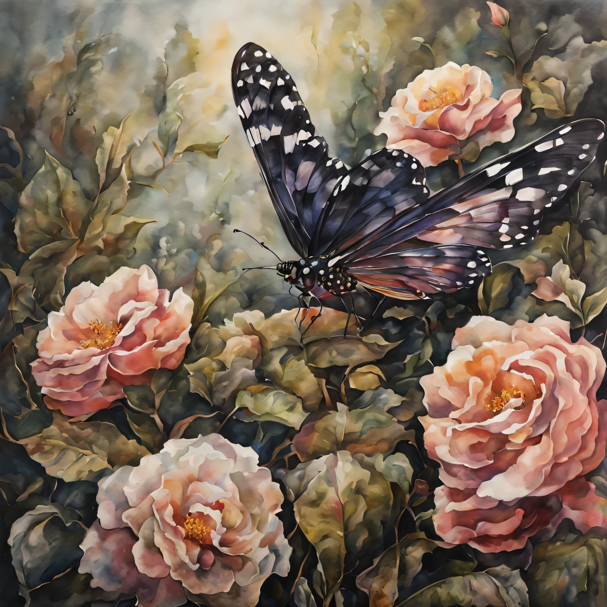 Painting of a butterfly on a flower with pink roses - SeaArt AI
